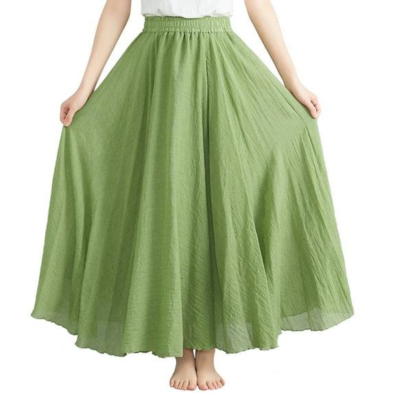 XIAONU Womens High-Waist Flowy Maxi Skirt Elastic Waist Casual A-Line Long Skirt Solid Color Comfortable Soft Skirt