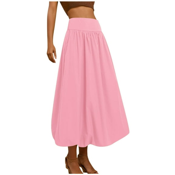 XIAONU Womens High-Waist Flowy Midi Skirt Elastic Waist Lightweight Comfy Skirt Ladies Loose Casual A-Line Long Skirt