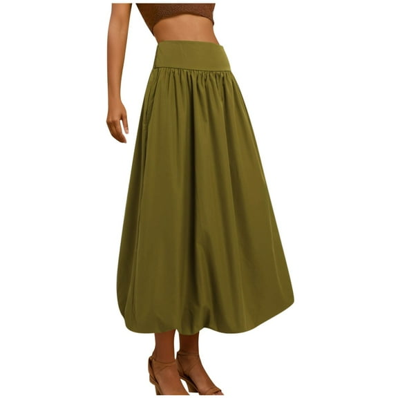 XIAONU Womens High-Waist Flowy Midi Skirt Elastic Waist Lightweight Comfy Skirt Ladies Loose Casual A-Line Long Skirt
