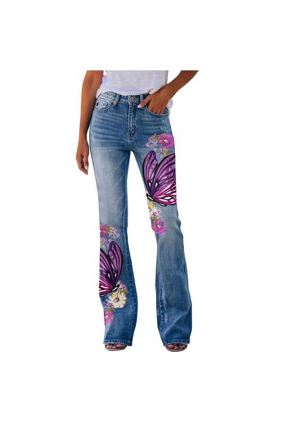 Womens High Waisted Flare Jeans Distressed Stretch Denim Pants Floral Print Boho Style Bell Bottom Trousers