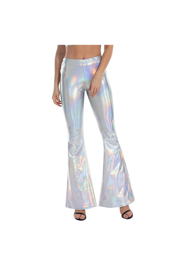 Womens Holographic Metallic Flare Pants High Waisted Shiny Bell Bottom Trousers For Disco Party Rave Festival Costume