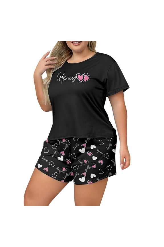 Womens Honey Heart Print Short Sleeve Pajama Set Loose Fit Short Sleeve Crew Neck Sleepwear Set Soft Sweet Sleep Pajama Sets