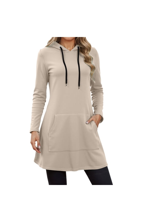 Womens Hooded Sweatshirt Dress Knee Length Pocketed Pullover Soft Casual Daily Wear Tunic