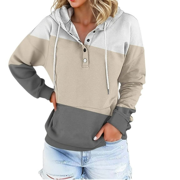 XIAONU Womens Hoodies Button Polo Collar Color Blocked Hooded Sweatshirt Sporty Pleasure Baggy Long Sleeve Pullover Hoodie With Pockets