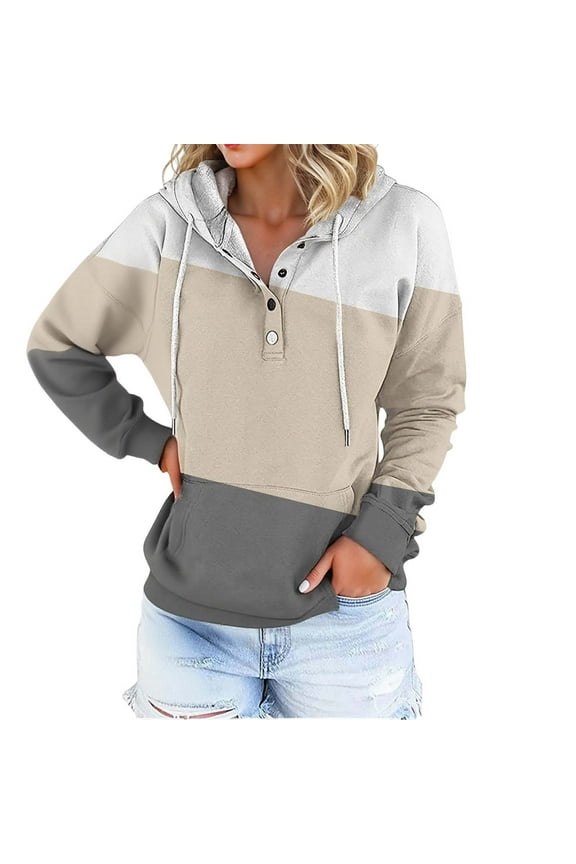Womens Hoodies Button Polo Collar Color Blocked Hooded Sweatshirt Sporty Pleasure Baggy Long Sleeve Pullover Hoodie With Pockets