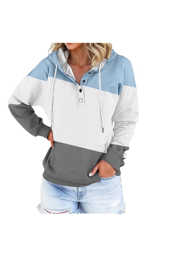 Womens Hoodies Button Polo Collar Color Blocked Hooded Sweatshirt Sporty Pleasure Baggy Long Sleeve Pullover Hoodie With Pockets