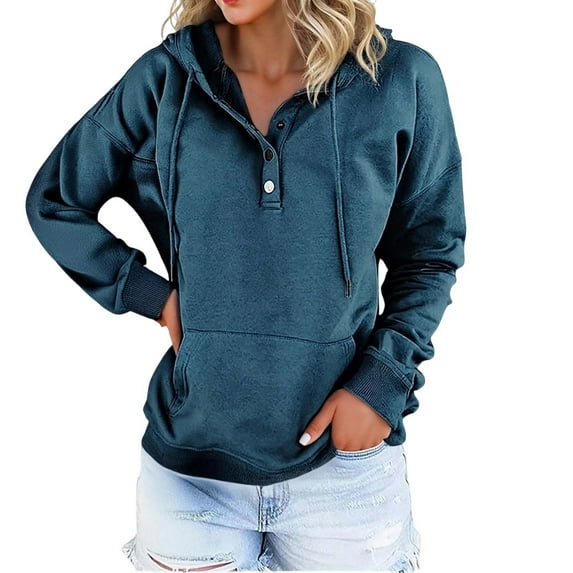 XIAONU Womens Hoodies Button Polo Collar Pleasure Drawstring Hoodie Vintage Solid Color Long Sleeve Kangaroo Pocket Hooded Sweatshirt