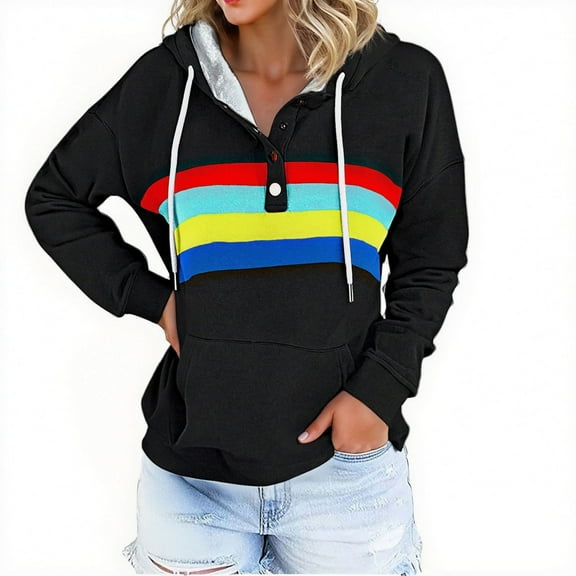 XIAONU Womens Hoodies Button Polo Collar Rainbow Print Hooded Sweatshirt Sporty Pleasure Baggy Long Sleeve Pullover Hoodie With Pockets