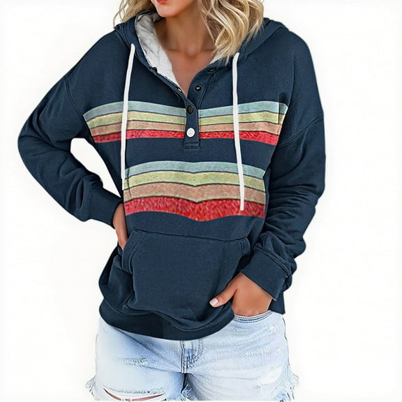 XIAONU Womens Hoodies Button Polo Collar Rainbow Print Hooded Sweatshirt Sporty Pleasure Baggy Long Sleeve Pullover Hoodie With Pockets