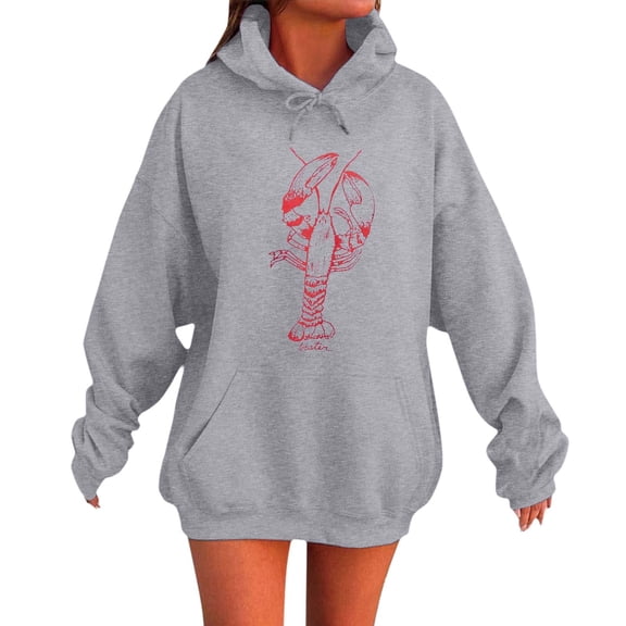 XIAONU Womens Hoodies Crayfish Print Fun Oversized Hoodie Baggy Round Neck Long Sleeve Pullover Hooded Sweatshirt