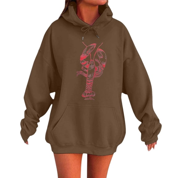 XIAONU Womens Hoodies Crayfish Print Fun Oversized Hoodie Baggy Round Neck Long Sleeve Pullover Hooded Sweatshirt