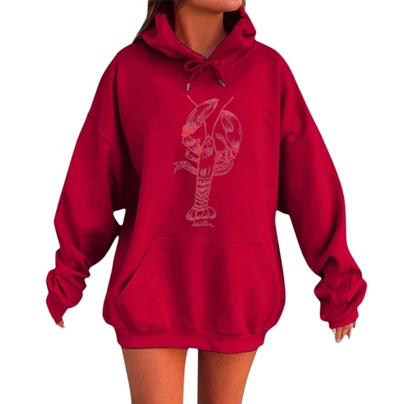 XIAONU Womens Hoodies Crayfish Print Fun Oversized Hoodie Baggy Round Neck Long Sleeve Pullover Hooded Sweatshirt