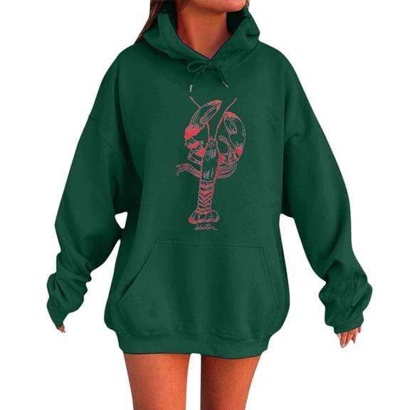 XIAONU Womens Hoodies Crayfish Print Fun Oversized Hoodie Baggy Round Neck Long Sleeve Pullover Hooded Sweatshirt
