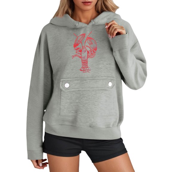 XIAONU Womens Hoodies Crayfish Print Kangaroo Pocket Hoodie Long Sleeve Oversized Drawstring Hooded Pullover Sweatshirt