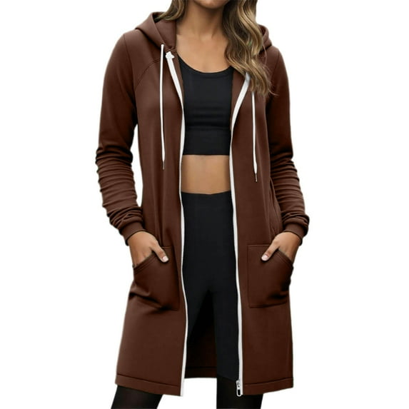 XIAONU Womens Hoodies Drawstring Zippered Cardigan Long-Length Hooded Sweatshirt Jacket Solid Color Oversized Peasure Pocket Hoodie