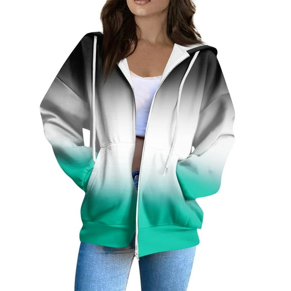 XIAONU Womens Hoodies Gradient Color Drawstring Zippered Hoodie Solid Color Baggy Hooded Sweatshirt Jacket With Pockets