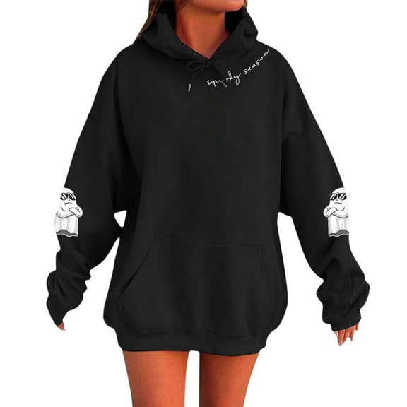 XIAONU Womens Hoodies Halloween Ghost Letter Print Drawstring Hooded Sweatshirt Long Sleeve Pocket Pullover Hoodie