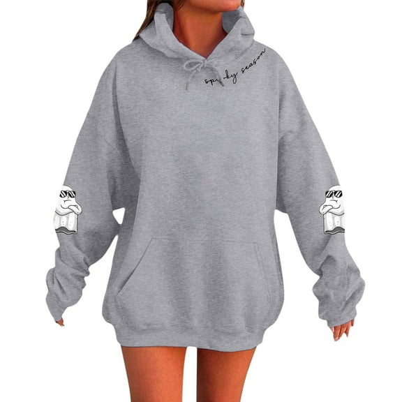 XIAONU Womens Hoodies Halloween Ghost Letter Print Drawstring Hooded Sweatshirt Long Sleeve Pocket Pullover Hoodie