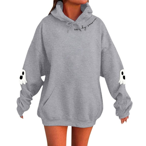 XIAONU Womens Hoodies Halloween Ghost Letter Print Drawstring Hooded Sweatshirt Long Sleeve Pocket Pullover Hoodie