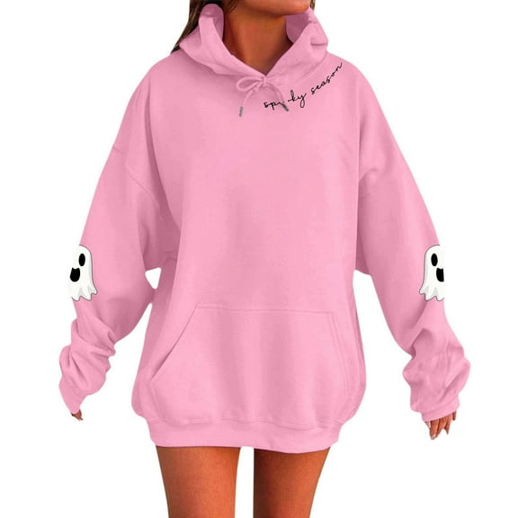 XIAONU Womens Hoodies Halloween Ghost Letter Print Drawstring Hooded Sweatshirt Long Sleeve Pocket Pullover Hoodie