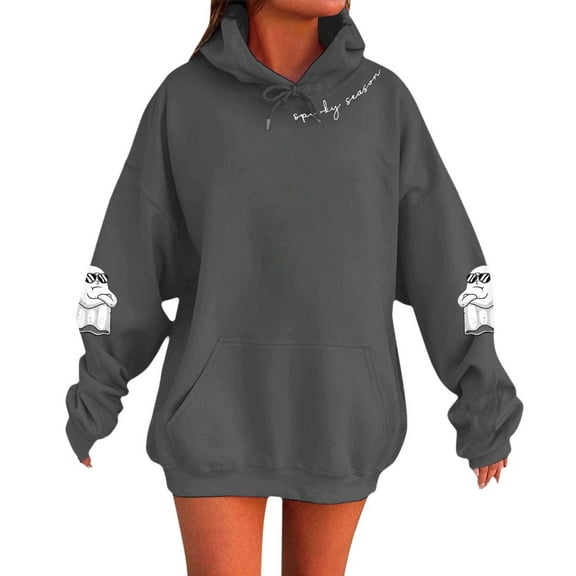 XIAONU Womens Hoodies Halloween Ghost Letter Print Drawstring Hooded Sweatshirt Long Sleeve Pocket Pullover Hoodie
