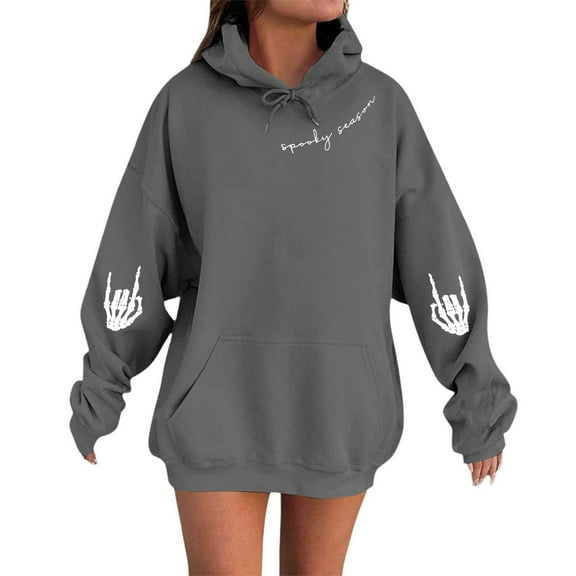 XIAONU Womens Hoodies Halloween Skeleton Print Drawstring Hoodie With Kangaroo Pocket Baggy Long Sleeve Pullover Hooded Sweatshirt