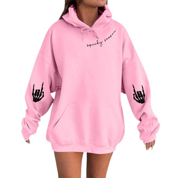 XIAONU Womens Hoodies Halloween Skeleton Print Drawstring Hoodie With Kangaroo Pocket Baggy Long Sleeve Pullover Hooded Sweatshirt