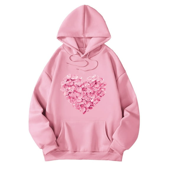 XIAONU Womens Hoodies Heart-Print Floral Hooded Sweatshirt Baggy Long Sleeves Drawstring Hoodie Tops With Pockets