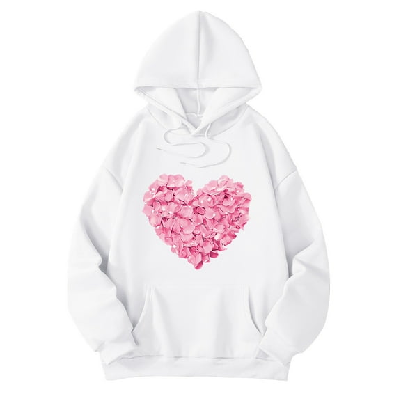 XIAONU Womens Hoodies Heart-Print Floral Hooded Sweatshirt Baggy Long Sleeves Drawstring Hoodie Tops With Pockets