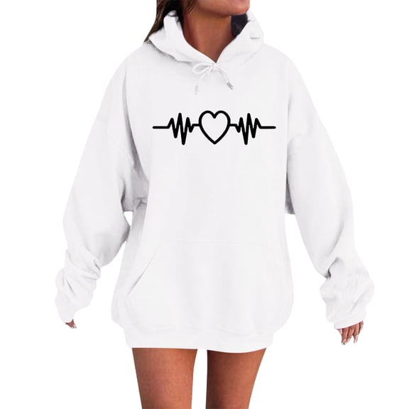 XIAONU Womens Hoodies Heart-Print Round-Neck Pullover Retro Hoodie Streetwear Long-Sleeve Baggy Kangaroo Pocket Drawstring Hooded Sweatshirt