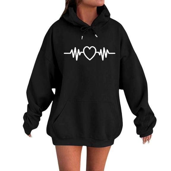 XIAONU Womens Hoodies Heart-Print Round-Neck Pullover Retro Hoodie Streetwear Long-Sleeve Baggy Kangaroo Pocket Drawstring Hooded Sweatshirt