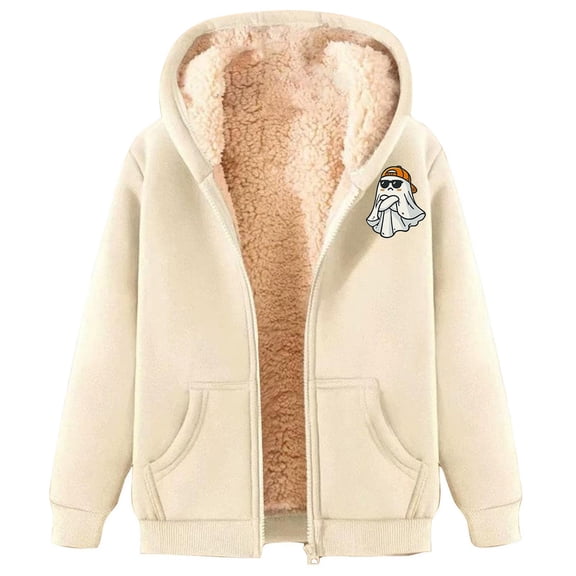 XIAONU Womens Hoodies Heart Print Zippered Plush Hoodie Sweatshirts With Pockets Solid Color Thickened For Warmth Peasure Hooded Jacket