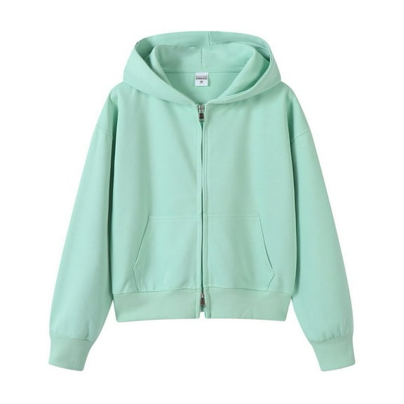 XIAONU Womens Hoodies Kangaroo Pocke Two-Way Zipper Drawstring Hooded Sweatshirts Trenyd Ribbed Solid Color Simple Short Top