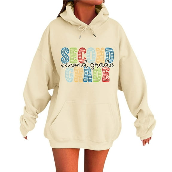 XIAONU Womens Hoodies Letter Print Trendy Hooded Sweatshirt With Pockets Baggy Long Sleeve Oversized Drawstring Hoodie