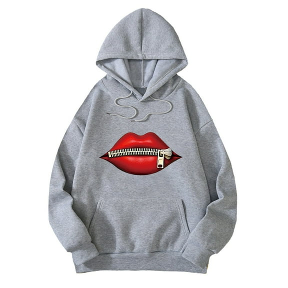 XIAONU Womens Hoodies Lip Print Floral Hooded Sweatshirt Baggy Long Sleeves Drawstring Hoodie Tops With Pockets