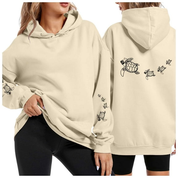 XIAONU Womens Hoodies Long Sleeve Turtle Print Drawstring Hooded Sweatshirts Oversized Simple Pullover Hoodie Sporty Top Beach Wear