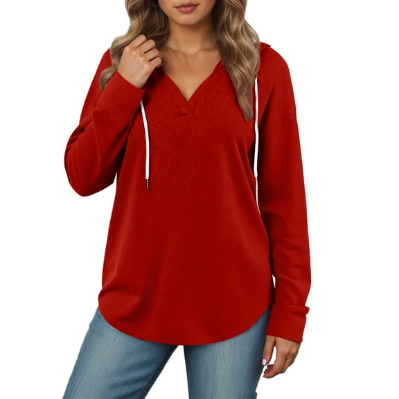 XIAONU Womens Hoodies Loose Fit Long Sleeve V Neck Drawstring Hooded Sweatshirt Simple Solid Color Relaxed Fit Oversize Hoodie