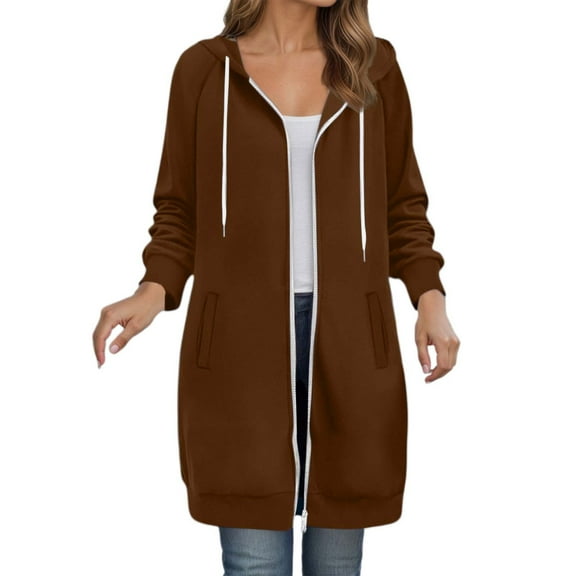 XIAONU Womens Hoodies Loose Fit Long Sleeve Zip Up Long Hooded Jacket Side Pockets Solid Color Winter Drawstrings Hoodie Coat Brown XXL