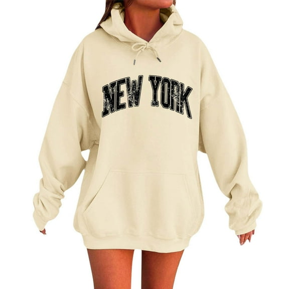 XIAONU Womens Hoodies Retro Letter Print Hooded Fleece Sweatshirt Peasure Long Sleeve With Pocket Drawstring Hoodie