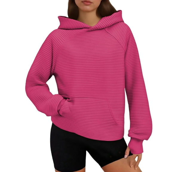 XIAONU Womens Hoodies Ribbed Textured Long Sleeve Pullover Hooded Sweatshirt Solid Color Simple Kangaroo Pocket Top Streetwear Red S