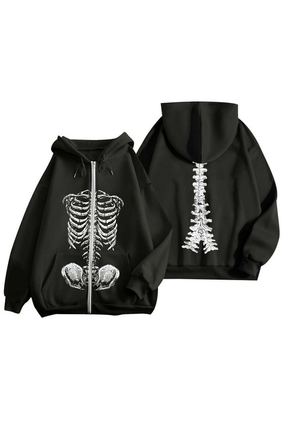 Womens Hoodies Skull Print Zippered Fleece Hoodie Jacket Baggy Long Sleeve With Pockets Drawstring Hoodie