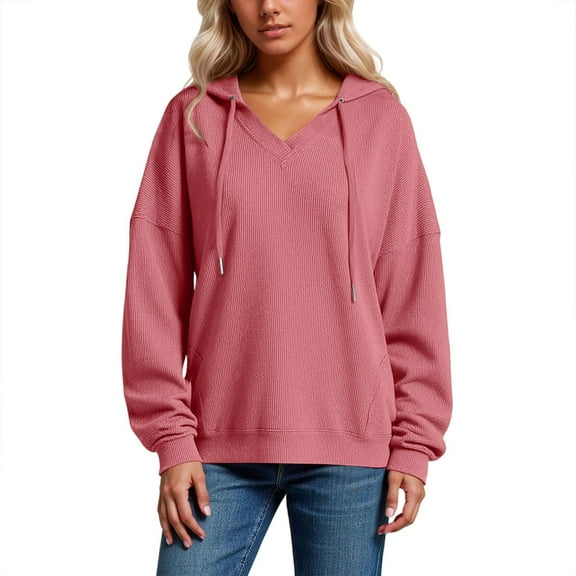 XIAONU Womens Hoodies V-Neck Waffle -Lined Drawstring Hoodie Solid Color Long Sleeve Baggy Retro Hooded Sweatshirt