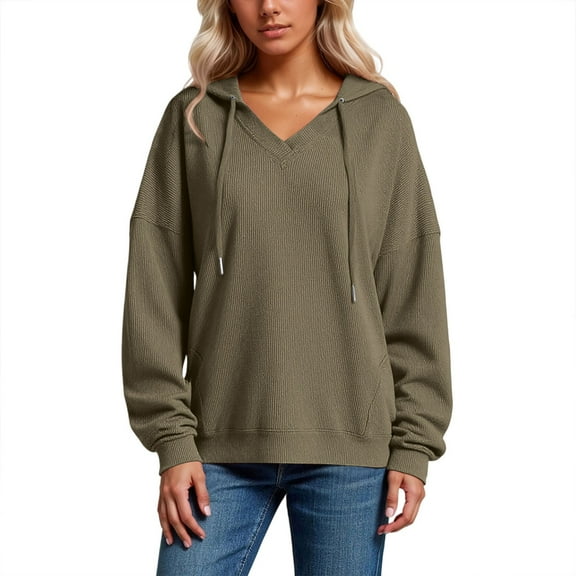 XIAONU Womens Hoodies V-Neck Waffle -Lined Drawstring Hoodie Solid Color Long Sleeve Baggy Retro Hooded Sweatshirt
