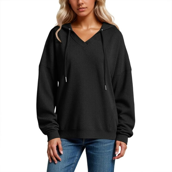 XIAONU Womens Hoodies V-Neck Waffle -Lined Drawstring Hoodie Solid Color Long Sleeve Baggy Retro Hooded Sweatshirt
