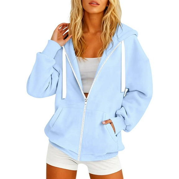 XIAONU Womens Hoodies White Drawstrings Zip Up Hooded Jacket Loose Fit Long Sleeve Kangaroo Pocket Solid Color Streetwear Coat Blue S