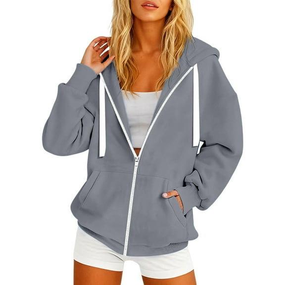 XIAONU Womens Hoodies White Drawstrings Zip Up Hooded Jacket Loose Fit Long Sleeve Kangaroo Pocket Solid Color Streetwear Coat