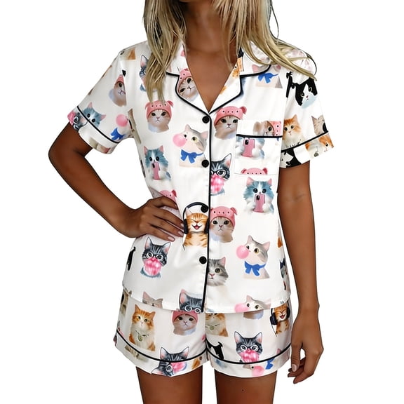 XIAONU Womens Kitty Cartoon Print Sleep Sets Turn-Down Collar Contrast Trim Home Sleep Shorts