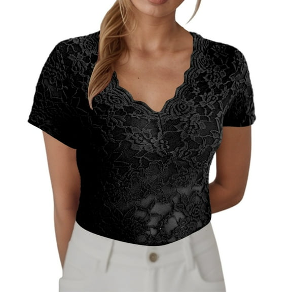 XIAONU Womens Lace Embroidery V-Neck Blouse Elegant Slim Fit Short Sleeve Shirt Solid Color Breathable Casual Top