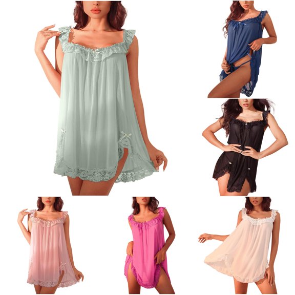 XIAONU Womens Lace Mesh Dress Ruffle Trim Casual Night Gown