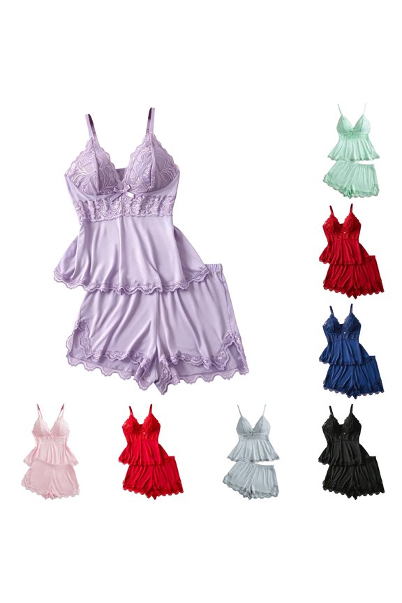 Womens Lace Trim Cami Sets Ruffle Hem Daily Sleep Shorts